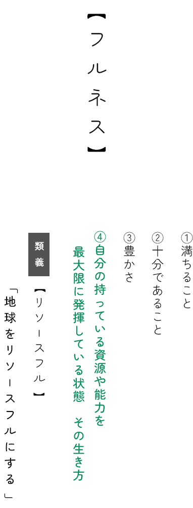フルネス ①満ちること ②十分であること ③豊かさ ④自分の持っている資源や能力を最大限に発揮している状態　その生き方。類義【リソースフル】「地球をリソースフルにする」