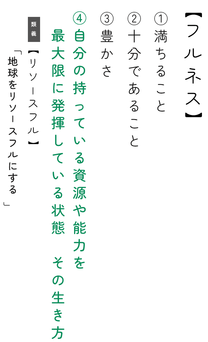 フルネス ①満ちること ②十分であること ③豊かさ ④自分の持っている資源や能力を最大限に発揮している状態　その生き方。類義【リソースフル】「地球をリソースフルにする」